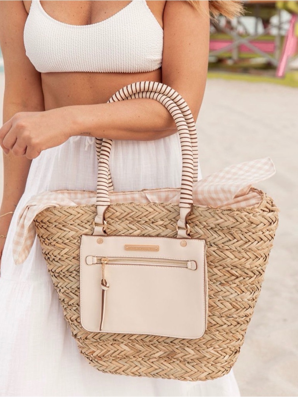 NWT 🍓🌸 Poppy & Peonies Blush Pink Gingham Sunshine Woven Straw Tote Bag
